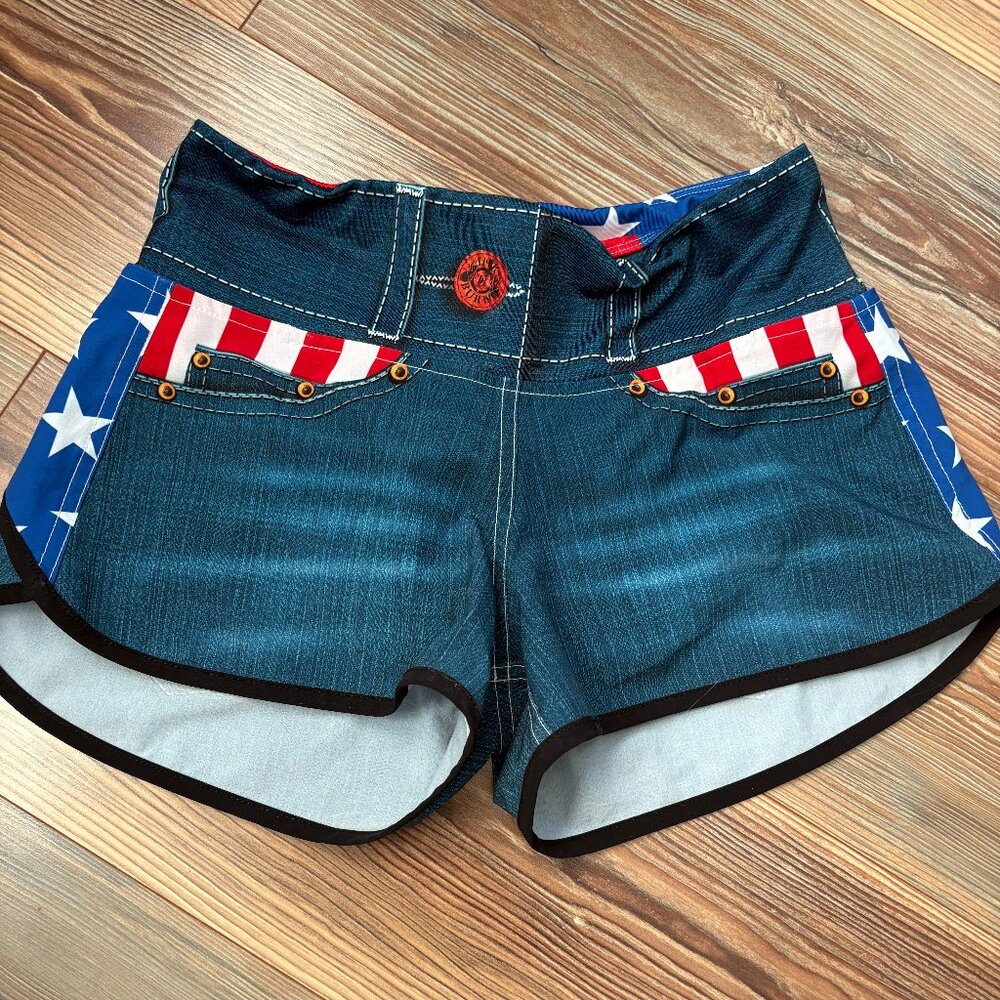 InknBurn Denim look patriotic USA Flag running shorts Hyrox 4
